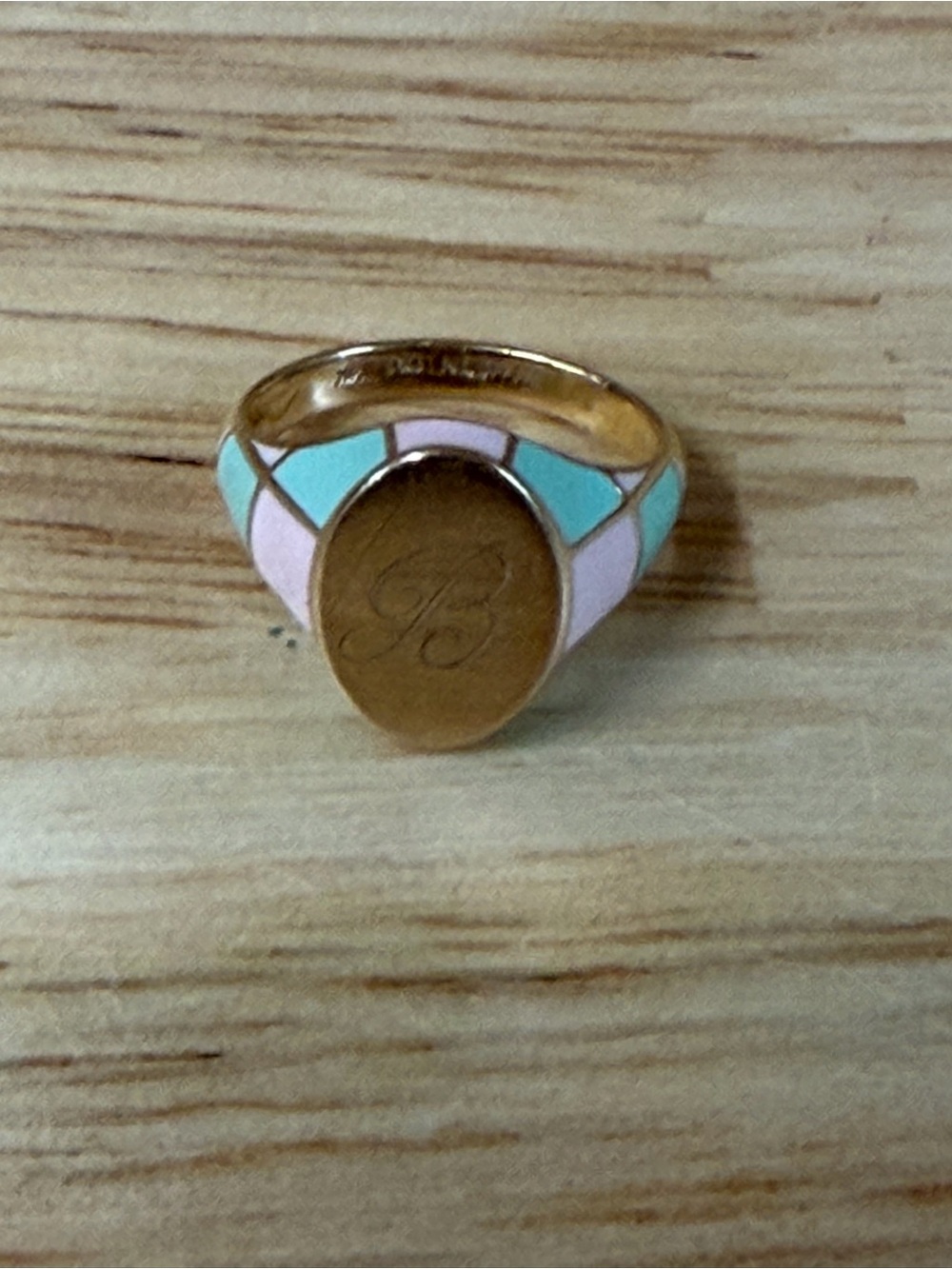 Alison Lou Checker Signet Ring- Pink and Mint Size 3, letter B engraved
